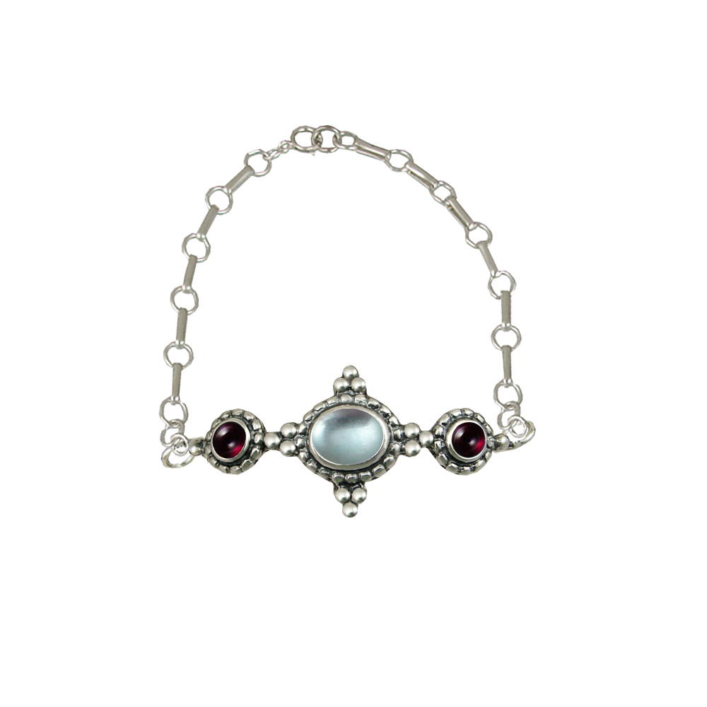 Sterling Silver Gemstone Adjustable Chain Bracelet With Blue Topaz And Garnet